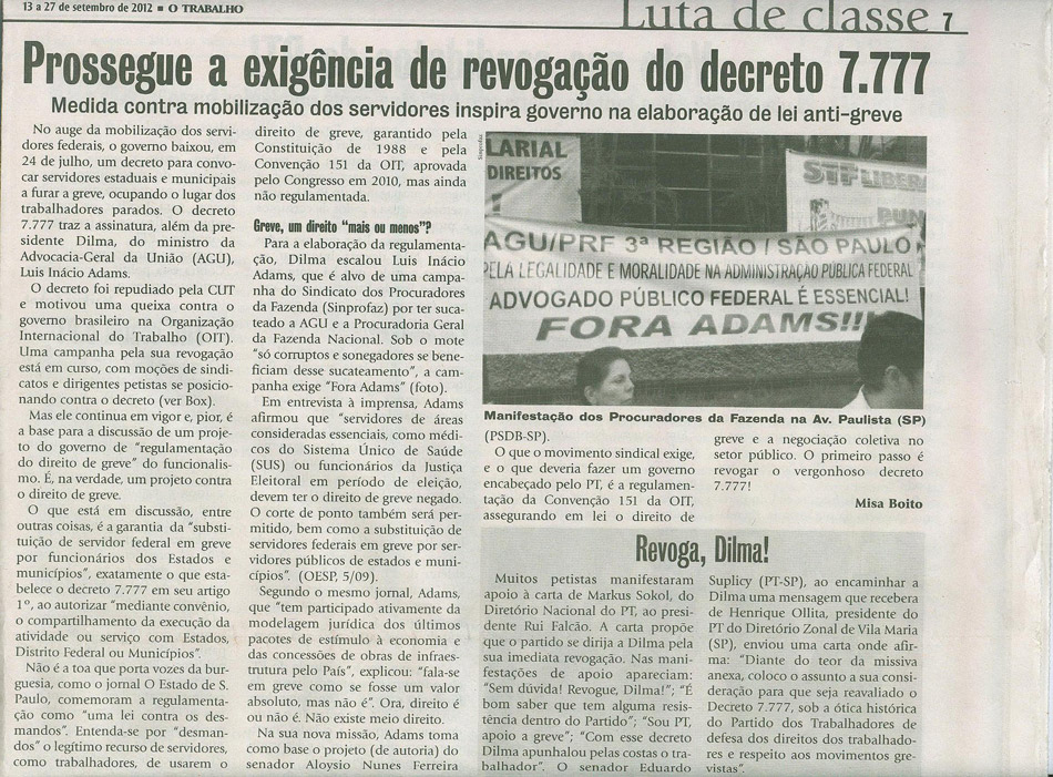 Corrente “O Trabalho” do Partido dos Trabalhadores critica Decreto 7.777